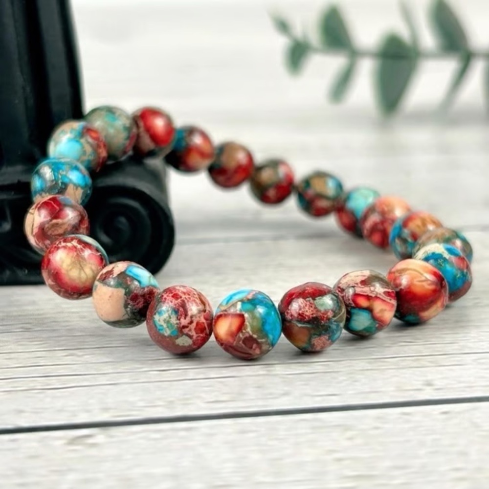 🆕New Blue & Red Sea Sediment Jasper Gemstone Bracelet 8mm - Picture 2 of 2
